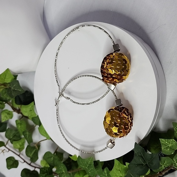 Large Silver Statement Hoop Earrings with Gold Sequin Disco Ball New - Picture 1 of 7